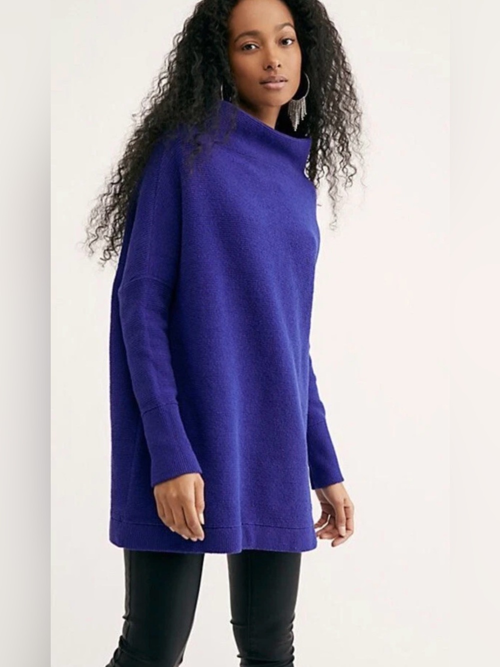 Free People Ottoman Slouchy Ribbed Mock Neck Sweater Tunic In Blue Size Small